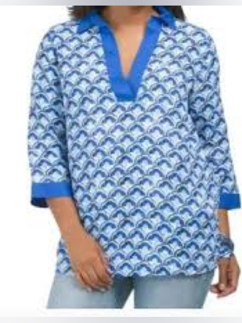 Sigrid Olsen Blue White Linen Tunic Top Medium Preowned